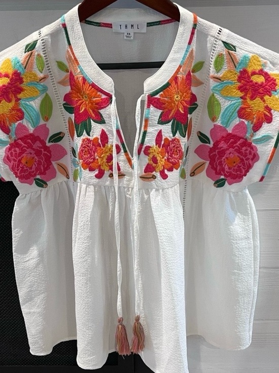 THML Tops - THML White Peasant Top with Pink, Orange & Yellow Floral Embroidery XS